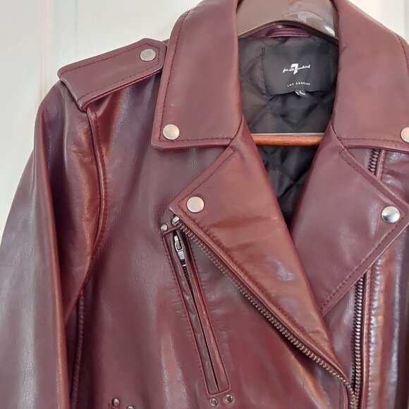 7 for all Mankind genuine leather biker jacket lined warm burgundy oxblood - Picture 3 of 8